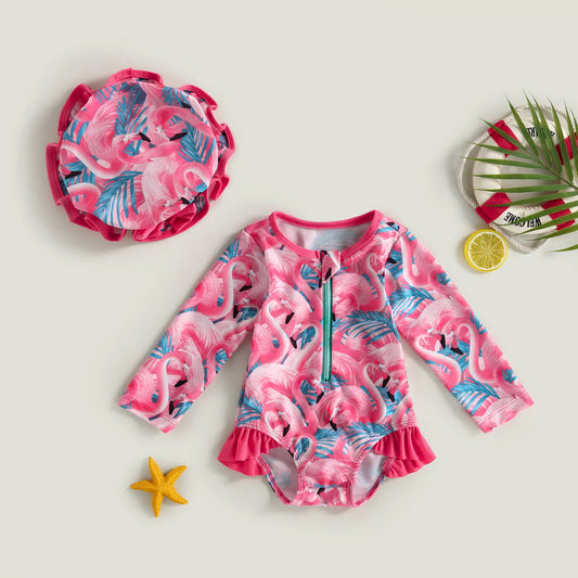 Traje de baño de manga larga para bebé y niña pequeña, Bañador con estampado de fresas y sombrero para el sol, 6M-3T
