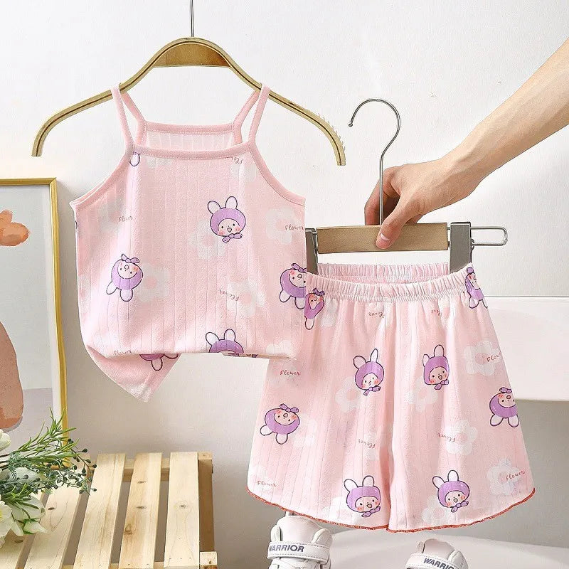 Camisola con tirantes y pantalones cortos para niña, conjunto de 2 piezas de algodón suave, pijama con estampado de dibujos animados, moda de verano, ropa informal para el hogar