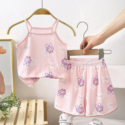 Camisola con tirantes y pantalones cortos para niña, conjunto de 2 piezas de algodón suave, pijama con estampado de dibujos animados, moda de verano, ropa informal para el hogar