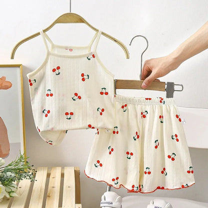 Camisola con tirantes y pantalones cortos para niña, conjunto de 2 piezas de algodón suave, pijama con estampado de dibujos animados, moda de verano, ropa informal para el hogar