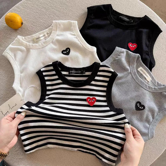 T2667, novedad de verano, chaleco sin mangas para niños, ropa de trabajo a rayas con corazón de amor para bebés, camiseta para niños pequeños de estilo fino