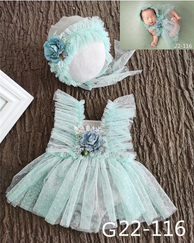 0-3Month Baby Newborn Photography Props Baby Hat Baby Girl Lace Romper Bodysuits Outfit  Photography Clothing