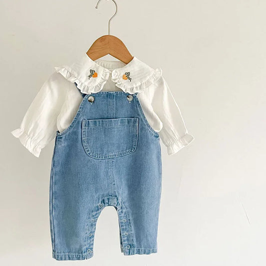 Traje de ropa para niños, conjunto de ropa para niñas pequeñas, camisa bordada de manga larga + mono vaquero, traje de ropa de otoño y primavera