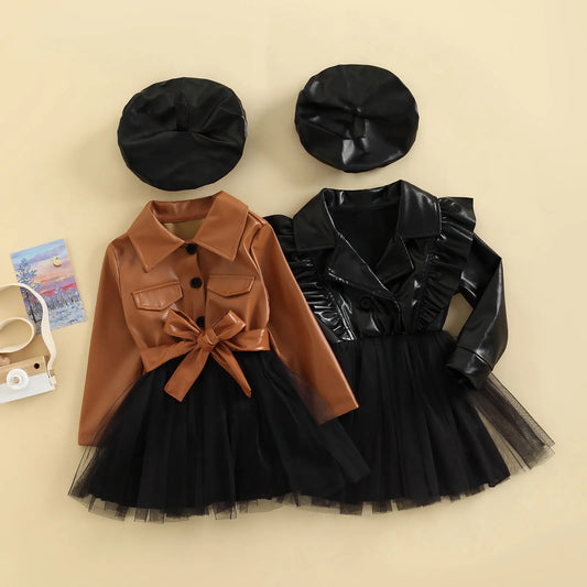 Vestido acampanado de manga larga con solapa de cuero PU para niñas pequeñas, vestido de retazos de tul con sombrero, 3-7T, primavera y otoño