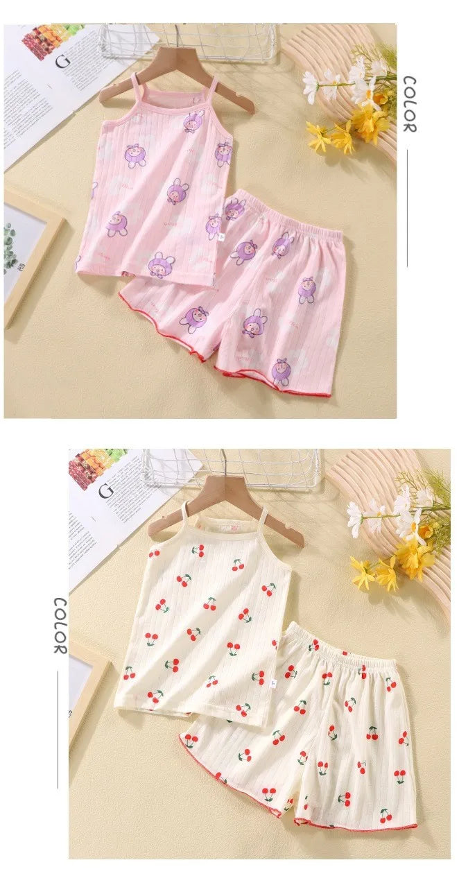 Camisola con tirantes y pantalones cortos para niña, conjunto de 2 piezas de algodón suave, pijama con estampado de dibujos animados, moda de verano, ropa informal para el hogar