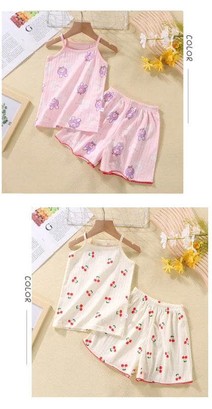 Camisola con tirantes y pantalones cortos para niña, conjunto de 2 piezas de algodón suave, pijama con estampado de dibujos animados, moda de verano, ropa informal para el hogar