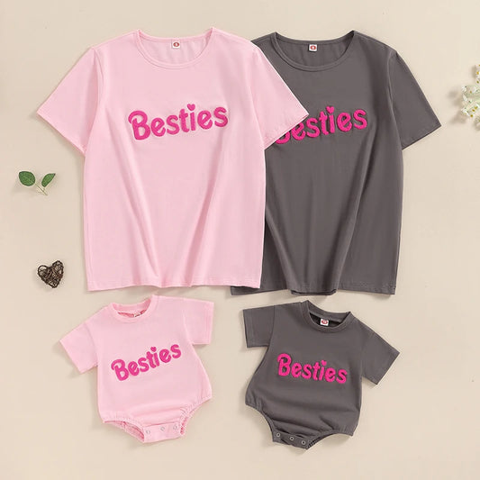 Ropa a juego para madre e hija, camiseta de manga corta con bordado de letras y cuello redondo para verano