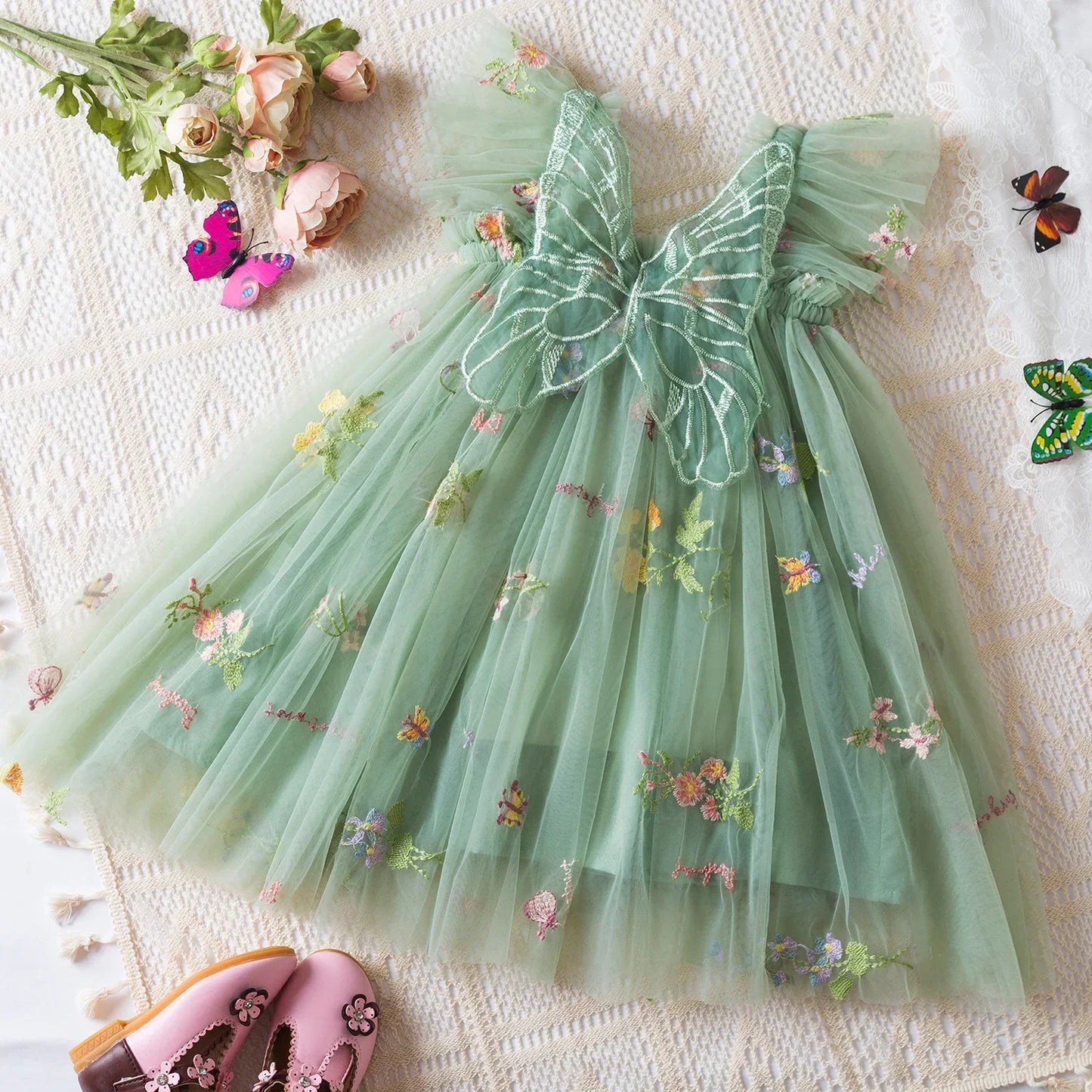 Toddler Baby Girls Summer Dress Puffy Mesh Tutu Princess Floral Embroidery Suspender Dress Baby Girls Birthday Party Clothes