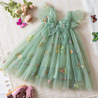 Vestido de verano para niñas pequeñas, tutú de malla hinchado, vestido con tirantes y bordado Floral de princesa, ropa de fiesta de cumpleaños para niñas pequeñas