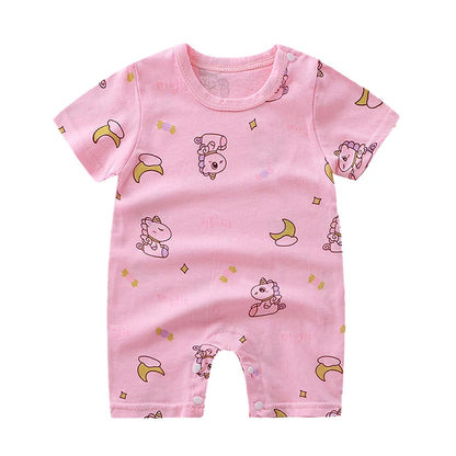 Nueva ropa de verano para bebés recién nacidos, niños y niñas, sección de impresión de dibujos animados de manga corta, ropa de escalada con archivo abierto, mono para bebé