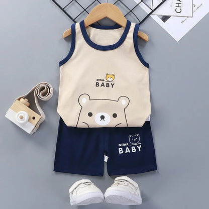 Conjunto de 2 piezas de chaleco y pantalones cortos transpirables de algodón para niños y niñas, chándal de verano con estampado de dibujos animados, ropa informal, traje de 1 a 6 años