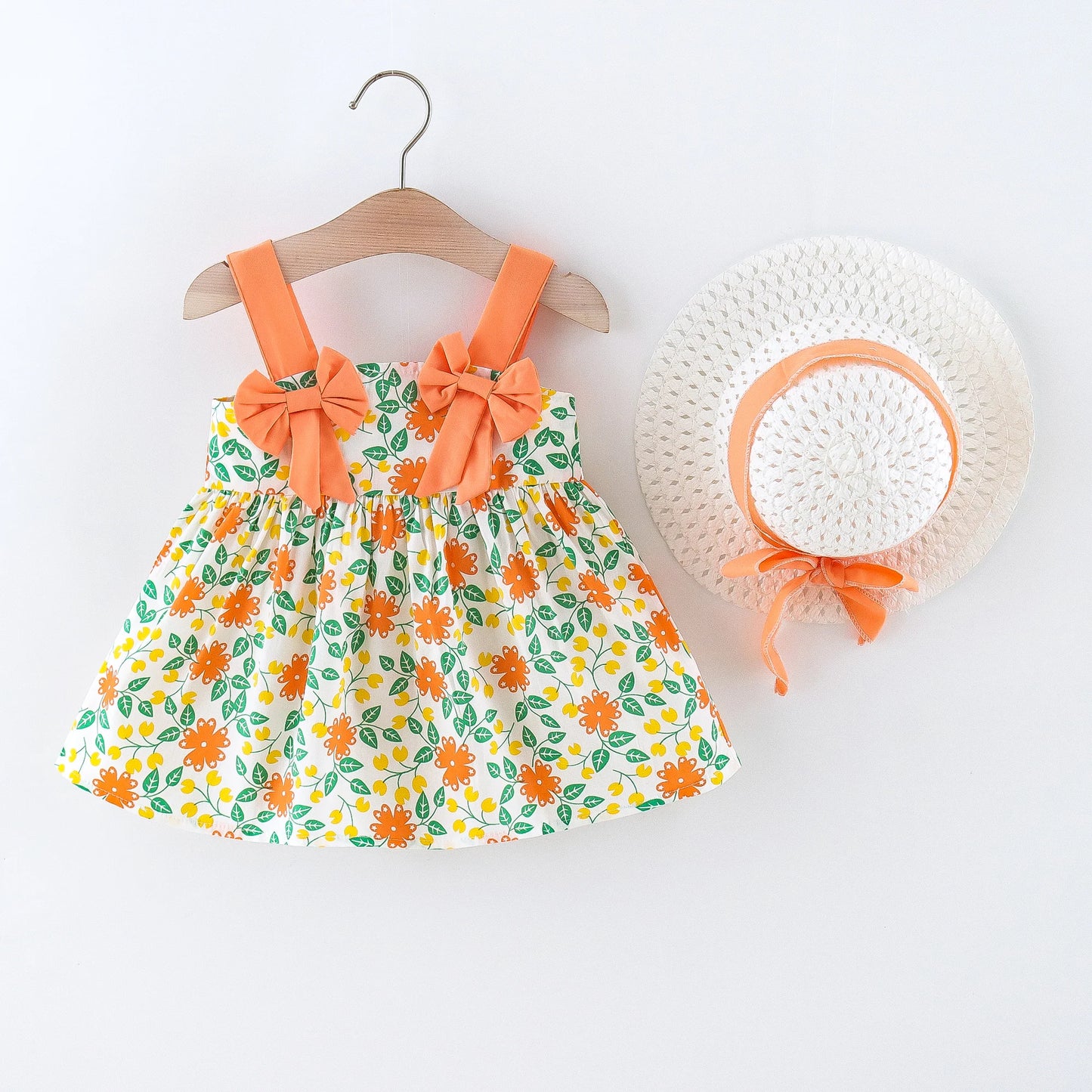 Vestido de verano para niña pequeña, versión coreana vestido Floral, elegante, algodón, pajarita, sombrero incluido