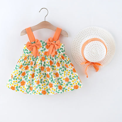 Vestido de verano para niña pequeña, versión coreana vestido Floral, elegante, algodón, pajarita, sombrero incluido