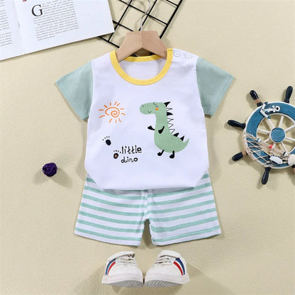 Camisetas de algodón + Pantalones cortos, conjunto de chándal de 2 piezas, traje de verano con estampado de dinosaurio y cebra de dibujos animados para niños y niñas, ropa para bebés de 1 a 6 años