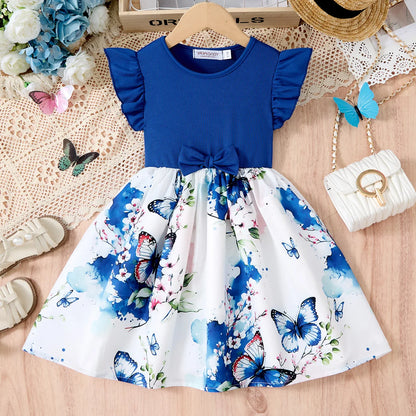 2025 nuevo vestido informal de estilo coreano de verano con bonito lazo estampado para niñas, ropa de fiesta de cumpleaños para niñas de 2 a 10 años