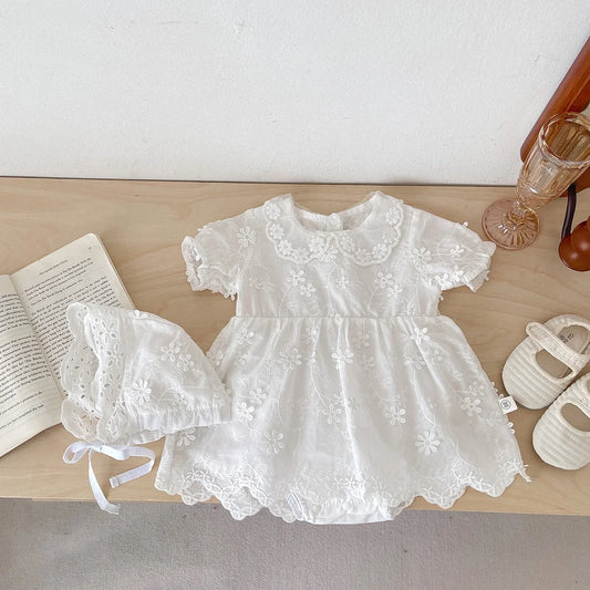 Vestido mameluco de algodón bordado de manga corta para niña recién nacida, falda de princesa para niña, ropa de bautismo para bebé