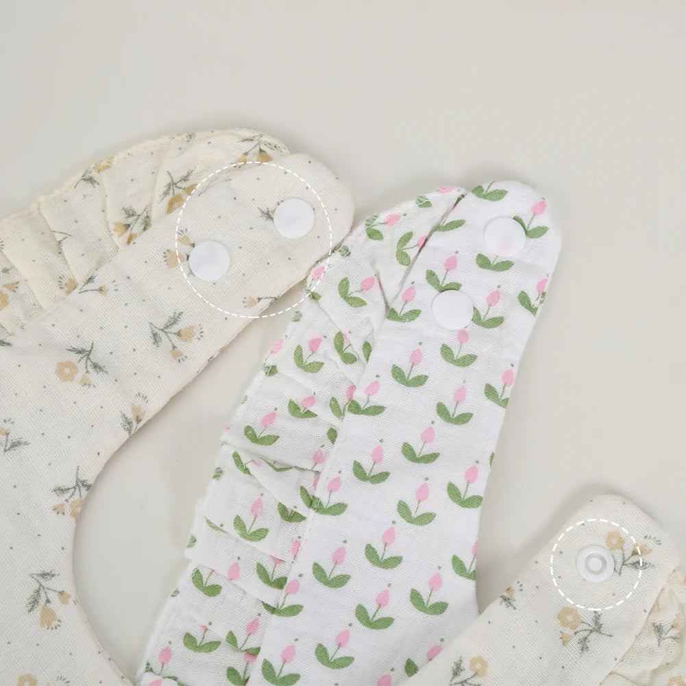Baberos con estampado de flores para bebé, toalla de Saliva con broche ajustable, borde con volantes, paños para eructar de algodón y muselina, bufanda de alimentación para niñas de grado A de arcoíris