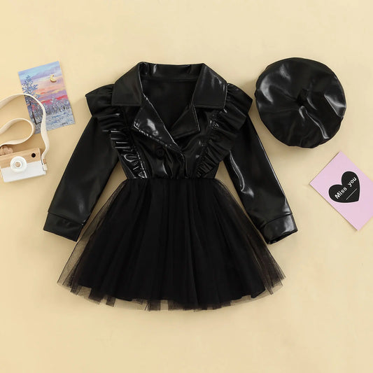 Vestido acampanado de manga larga con solapa de cuero PU para niñas pequeñas, vestido de retazos de tul con sombrero, 3-7T, primavera y otoño