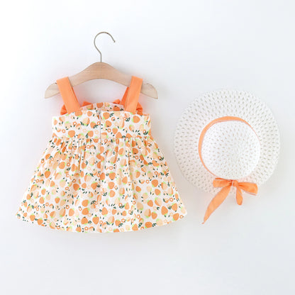 Vestido de verano para niña pequeña, versión coreana vestido Floral, elegante, algodón, pajarita, sombrero incluido