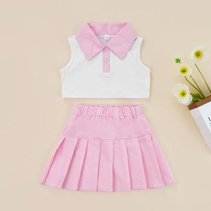 Conjunto de ropa de verano para niñas pequeñas, camiseta sin mangas con botones de solapa de retazos y Falda plisada, 2 a 7 años