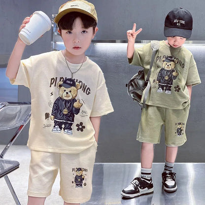 Camiseta y pantalones cortos de estilo coreano para niños de 1 a 12 años, conjuntos de ropa de 2 piezas, traje deportivo informal de verano con Oso de dibujos animados, a la moda
