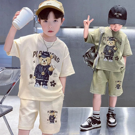 Camiseta y pantalones cortos de estilo coreano para niños de 1 a 12 años, conjuntos de ropa de 2 piezas, traje deportivo informal de verano con Oso de dibujos animados, a la moda
