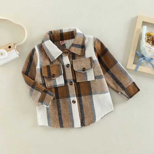 Camisa a cuadros para niños y niñas, chaqueta informal de manga larga con solapa y botones, 6M-4T