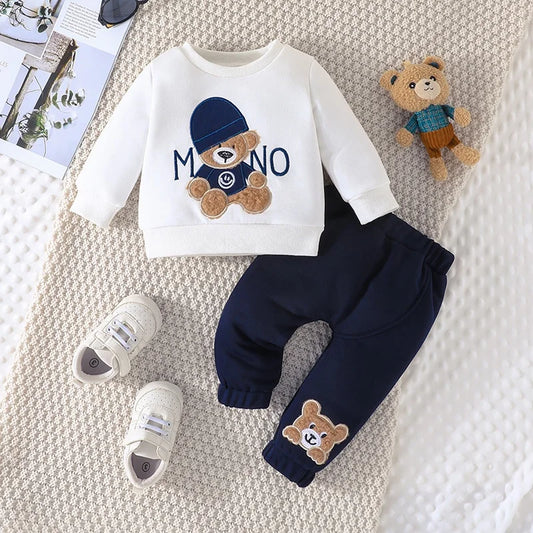 Terno para niño de 3 a 24 meses, camiseta de manga larga con estampado de oso de dibujos animados, pantalones azul marino, conjunto de ropa infantil