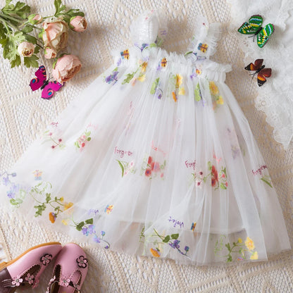 Vestido de verano para niñas pequeñas, tutú de malla hinchado, vestido con tirantes y bordado Floral de princesa, ropa de fiesta de cumpleaños para niñas pequeñas