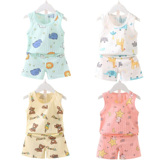 Pijamas de verano para niños, chaleco + Pantalones cortos, conjunto de ropa de 2 piezas, ropa informal de algodón con dibujos de León y jirafa para niños y niñas de 0 a 4 años