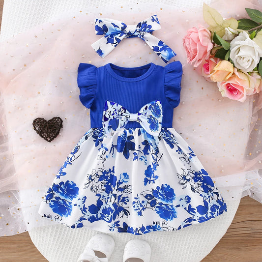 Novedad de verano, vestido para niña pequeña, manga voladora, lazo plisado, cinta, elementos de porcelana azul y blanca, fiesta de cumpleaños de estilo chino