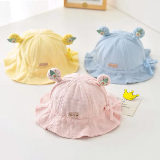 Sombreros de cubo con volantes de oreja para bebé, gorros coreanos para niño y niña, protección UV para exteriores, gorros de pescador de Panamá para niños, gorros infantiles de Color sólido