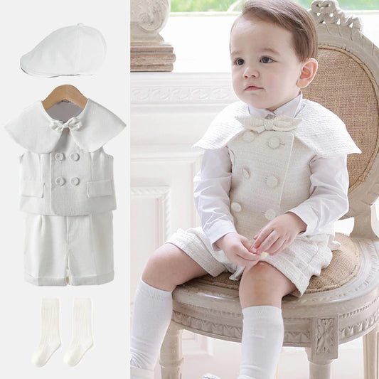 Trajes blancos para niños, vestido Formal de fiesta de bautismo a la moda, chaleco, chal, pantalones cortos, sombrero, conjuntos de 4 Uds., conjunto de ropa de Boutique de cumpleaños para niños