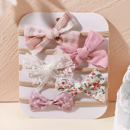5 unids/lote, diadema elástica de nailon para bebé, banda para la cabeza con lazo de encaje y flores para recién nacido, accesorios suaves para el cabello para niña pequeña