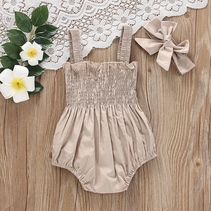 Pelele fruncido para bebé niña, ropa informal sin mangas para recién nacido con diadema, mono de verano, traje bonito para niño pequeño