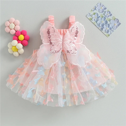 Toddler Baby Girls Dress 3D Butterfly Ruched Sleeveless Layered Cami Dress Summer Casual Clothes Princess Dress