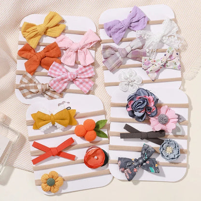 5 unids/lote, diadema elástica de nailon para bebé, banda para la cabeza con lazo de encaje y flores para recién nacido, accesorios suaves para el cabello para niña pequeña