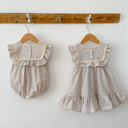 Ropa de moda para niñas de 0 a 6 años, vestido de encaje a rayas, novedad de verano, pelele para niñas, traje a juego para hermanas, vestidos de princesa