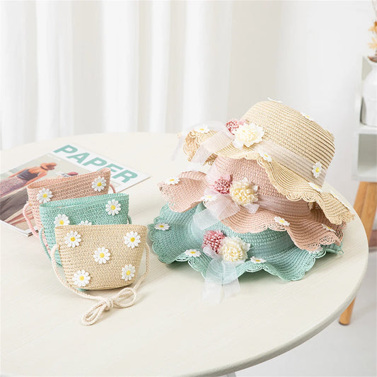 Sombrero de Sol para niños y niñas, conjunto de gorro con bolsa de paja, protección solar de viaje para bebé, sombreros de playa, sombrero de pescador para el sol, novedad de verano