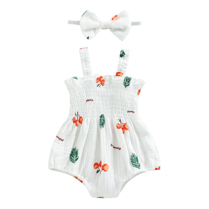 Pudcoco, 2 uds., trajes de verano para bebé recién nacido, pelele sin mangas con estampado de cereza/ zanahoria/árbol y diadema de 0 a 18M
