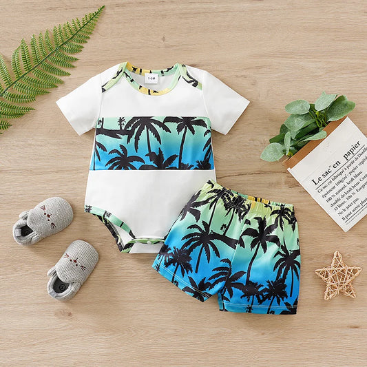 0-18Months Boys and Girls Summer Baby Short-Sleeve Outfit Set Full Print Tropical Beach Plants baby clothes Perfect for Vacation
