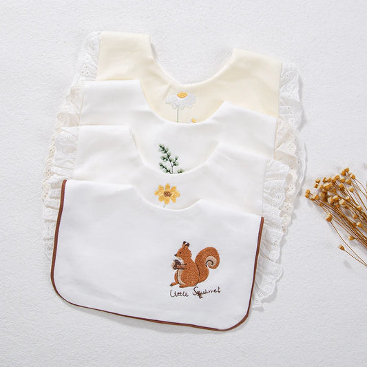 Baberos de algodón para bebés, niños y niñas, toalla de Saliva bordada con flores y zorro, paño para eructar para alimentación infantil, bufanda cuadrada coreana con lazo negro