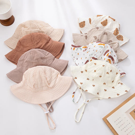 Sombreros de cubo de algodón para bebé, gorros con protección solar para exteriores para niños y niñas, sombrero panamá estampado, sombrero de pesca de playa Unisex para 3-12 meses