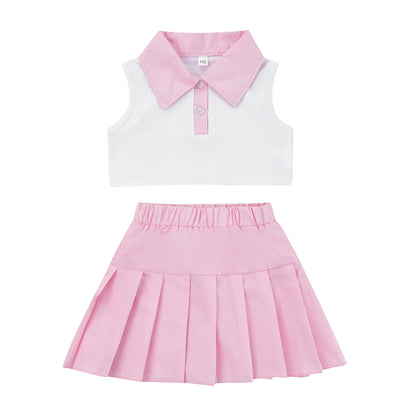 Conjunto de ropa de verano para niñas pequeñas, camiseta sin mangas con botones de solapa de retazos y Falda plisada, 2 a 7 años