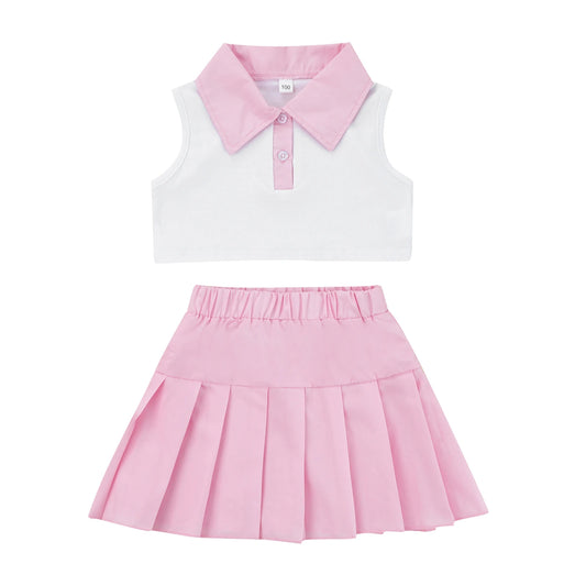 Conjunto de ropa de verano para niñas pequeñas, camiseta sin mangas con botones de solapa de retazos y Falda plisada, 2 a 7 años
