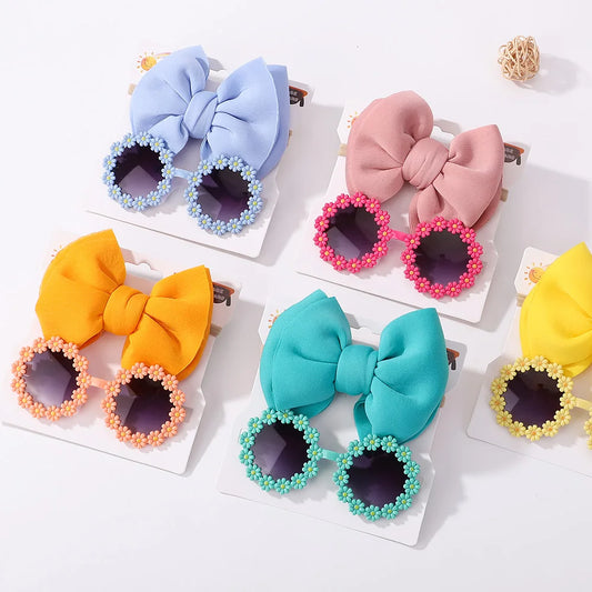 Conjunto de 2 uds de gafas de sol para niños, gafas de sol para bebés, diadema de nailon elástico, gafas de sol bohemias para playa, gafas de sol para la playa, sombreros con lazo para niños