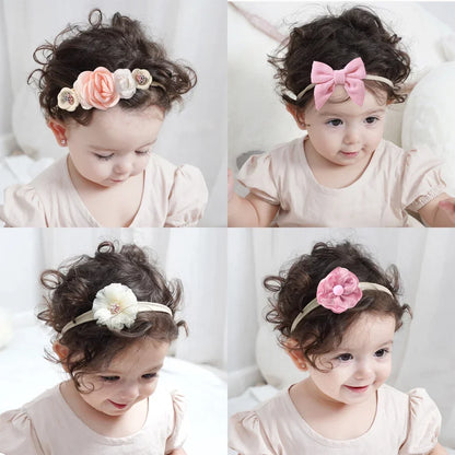 5 unids/lote, diadema elástica de nailon para bebé, banda para la cabeza con lazo de encaje y flores para recién nacido, accesorios suaves para el cabello para niña pequeña