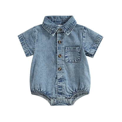Mono vaquero para recién nacidos, niños y niñas, mono liso de manga corta con cuello vuelto, monos para bebés, monos informales con botones de verano
