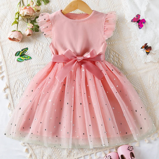 Vestido para niña pequeña, nuevo vestido de verano para niño pequeño, vestidos con tutú de malla para bebé, vestido de fiesta de cumpleaños con lazo de lentejuelas, ropa para niña pequeña