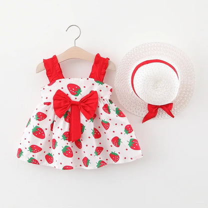Vestido de verano para niña pequeña, versión coreana vestido Floral, elegante, algodón, pajarita, sombrero incluido
